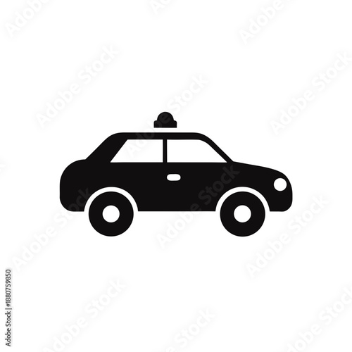 A black silhouette of a taxi cab with a light on top, set against a white background
