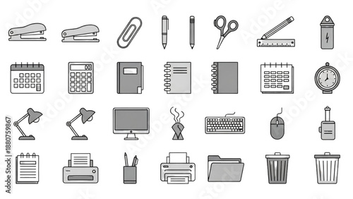 Collection of office supplies and equipment icons displayed in a grid layout