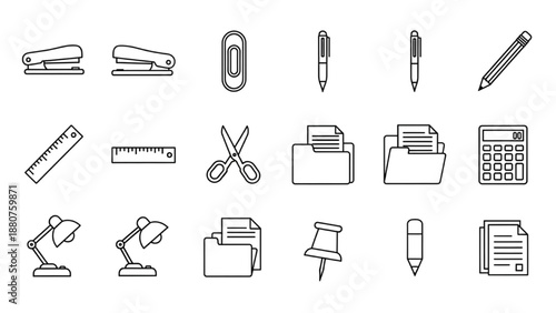 A neatly arranged set of office supplies viewed on a clean white background from a straightforward perspective.