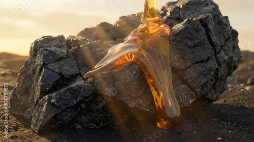 Golden liquid pouring over dark textured rock in sunlight