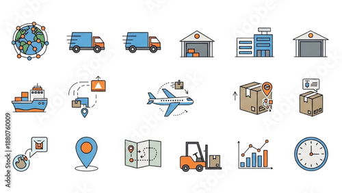 Logistics and transportation icons representing various modes and management tools