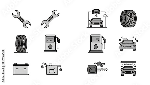 Car maintenance icons set showcasing tools, parts, and services from various viewpoints