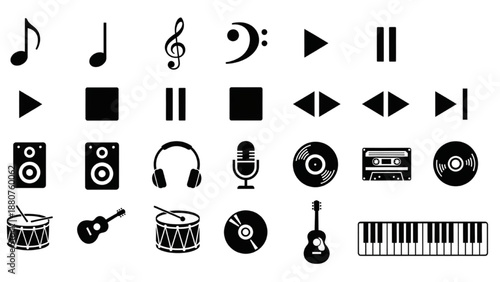 Collection of black music icons representing various instruments and audio controls on a clean background