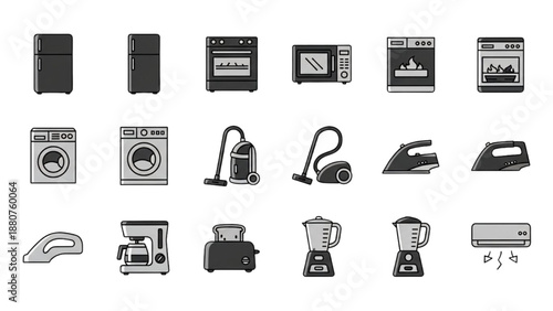 Collection of various home appliances and electronics icons displayed neatly in a grid view
