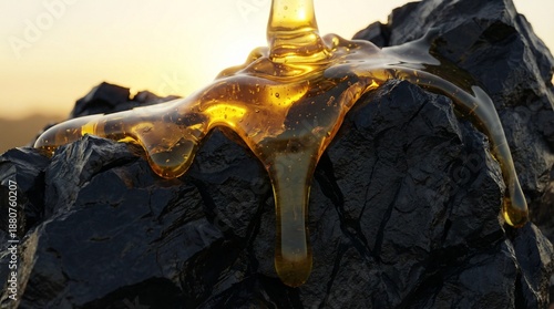 Golden liquid pouring over dark textured rock in sunlight