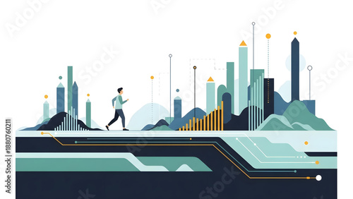 Illustrative concept of a person running on a digital data landscape, symbolizing progress, technological advancement, and continuous business growth in a modern, data-driven environment