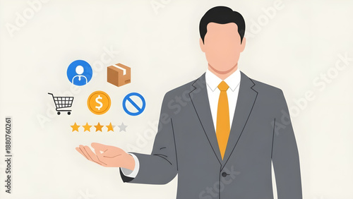 Businessman presenting key e-commerce concepts for successful online business, customer satisfaction, and service management with illustrative icons