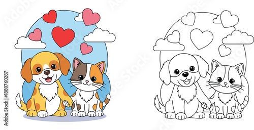 Cute puppy and kitten holding paws with hearts and coloring page outline vector illustration