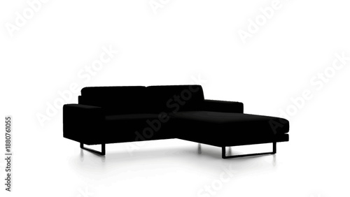 Modern Black Sectional Sofa with Chaise Lounge on White Background.