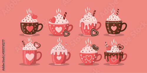 Valentine’s Day Hot Chocolate and Coffee Mug Vector Illustrations Set