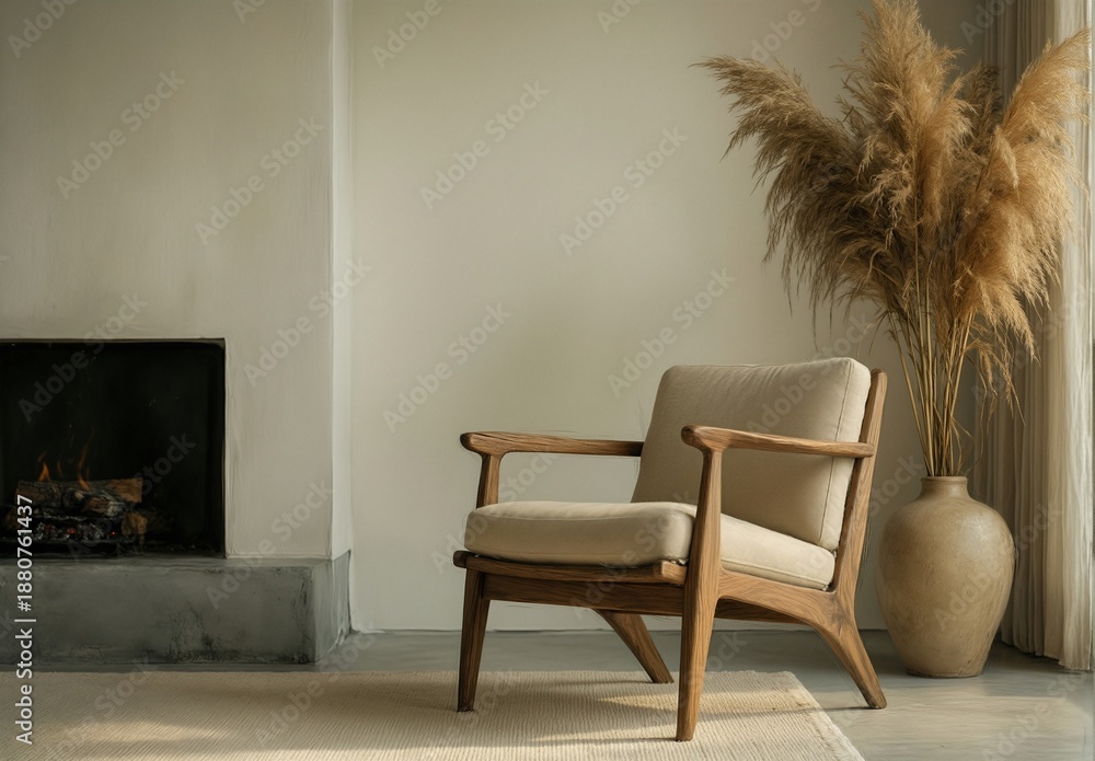 Fototapeta premium cozy armchair by fireplace with pampas grass and neutral toned interior design.