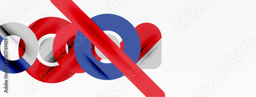 Abstract design features interlocked rings, red, white, blue colors. Diagonal line cuts across composition, creating dynamic visual effect.