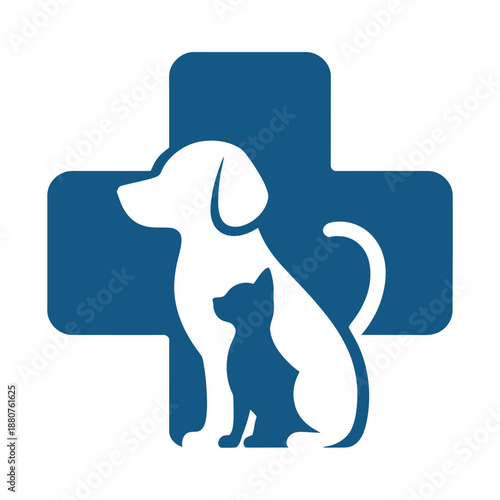 Blue veterinary medical symbol with dog and cat  animal healthcare logo icon