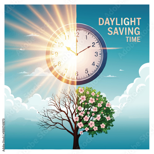 Daylight saving time clock with sunrise and tree