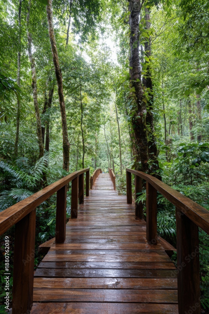 Fototapeta premium Wooden walkway through lush tropical forest with towering trees and dense foliage