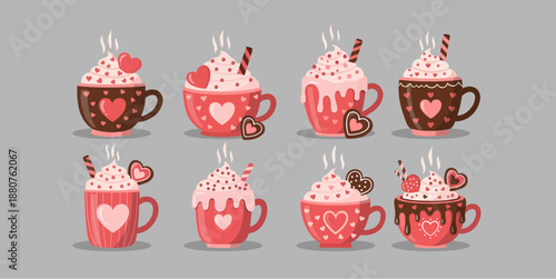 Valentine’s Day Hot Chocolate and Coffee Mug Vector Illustrations Set