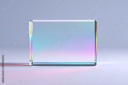A translucent, square, glass block refracts light, creating a rainbow effect against a soft gradient