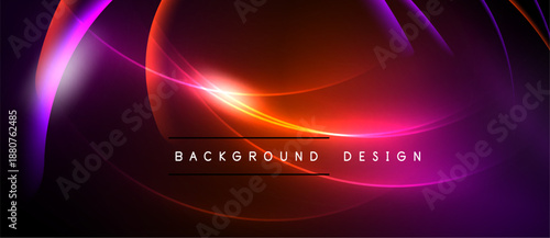 Abstract neon light shapes create vibrant background. Red, purple hues dominate dark space. Text reads background design.