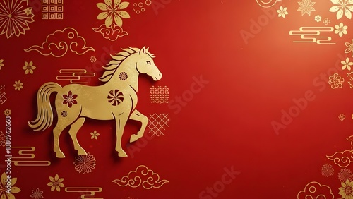 Theme Chinese New Year, Golden horse on red background with floral patterns
