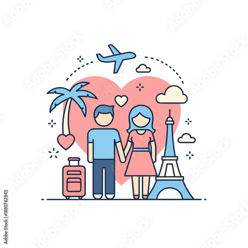 Cartoon Couple Holding Hands Travel Illustration.