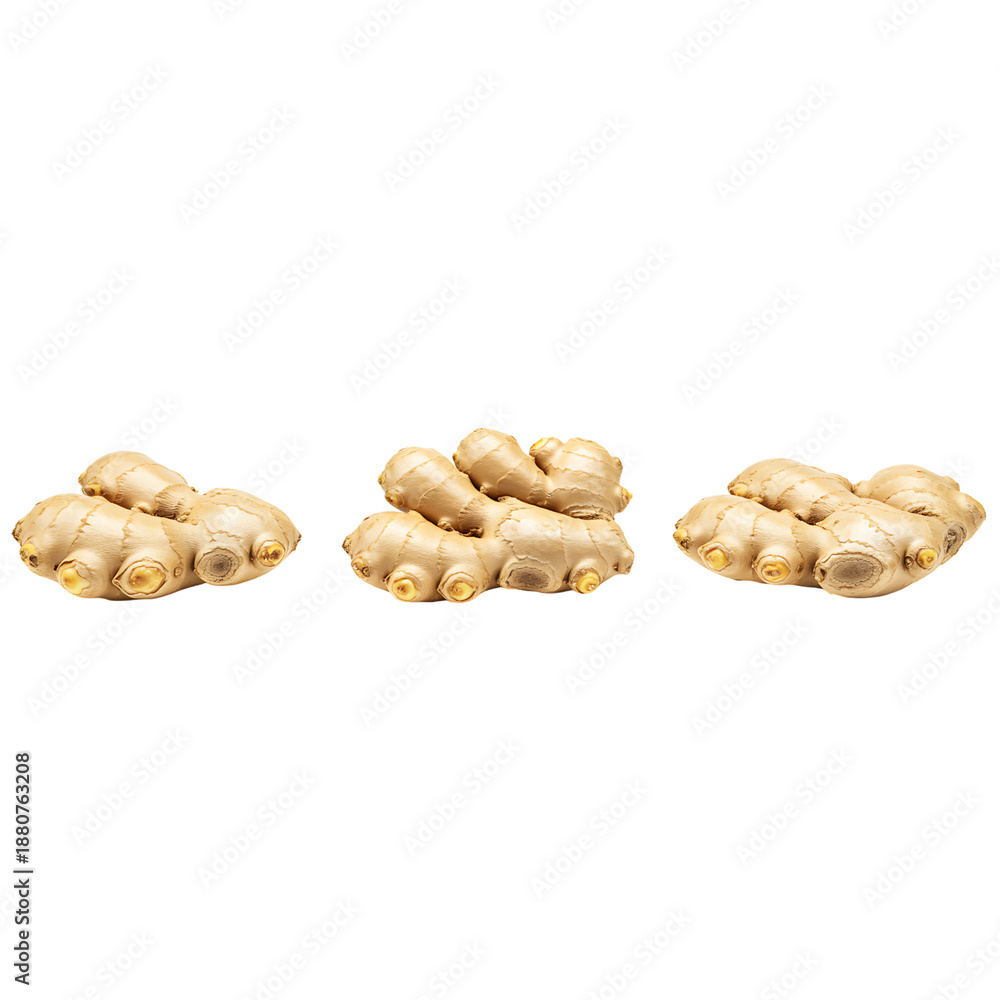 Fototapeta premium Three Fresh Ginger Roots on White Background