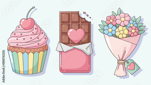 Sweet Treats: Cupcake, Chocolate Bar with Heart, and Flower Bouquet
