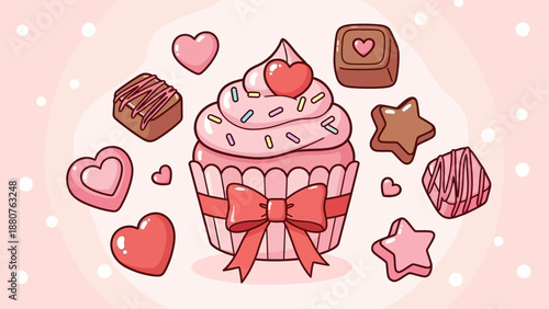 Sweet Valentine Treats: Cupcake, Chocolates, and Hearts Illustration