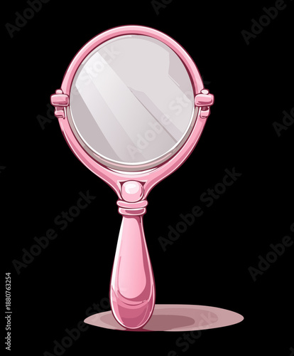 Pink handheld vanity mirror for beauty makeup routine and personal grooming isolated on light blue professional background