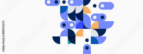 Abstract geometric shapes, blue, purple, orange hues. Minimalist design, clean lines, modern aesthetic. Composition feels dynamic, playful.