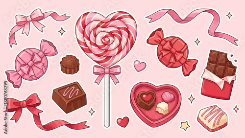 Sweet Valentine's Day Candy Assortment: Heart Lollipop, Chocolates, Ribbons