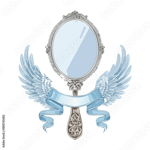 ornate hand mirror with blue wings for magical fantasy beauty and elegant feminine grooming accessory design