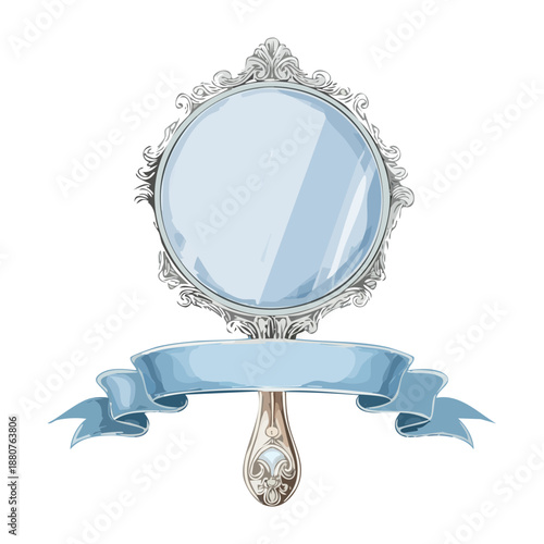 ornate silver hand mirror with blue ribbon for vintage beauty vanity and elegant grooming accessory design