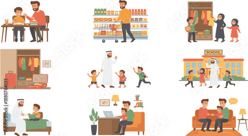 Family Daily Life and Parenting Illustration Set Featuring Shopping, Studying, School Drop-Off, Bedtime, Travel Preparation and Home Activities