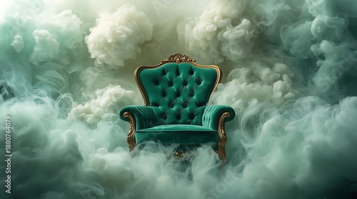 Ornate emerald throne suspended amidst ethereal clouds