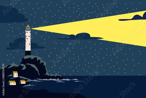 Lighthouse tower on seashore ocean with ray of light