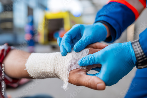 A paramedic, wearing gloves, is applying bandage to person's arm after minor injury during accident