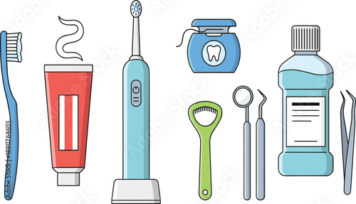 Hand-Drawn Dental Care and Oral Hygiene Tools Collection Featuring Toothbrush, Toothpaste, Mouthwash, Dental Floss, Mirror, Explorer and Scraper
