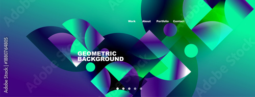 Abstract geometric background features vibrant blue, green hues. Shapes overlap creating dynamic visual effect. Text displays portfolio options.