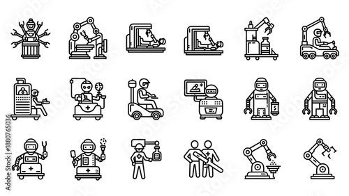 Industrial Robots and Machinery Icons Set.