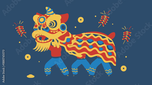 Vibrant Chinese Lion Dance Performance with Firecrackers on Dark Blue Background