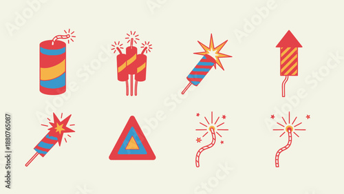 Colorful Set of Festive Fireworks Illustrations on Bright Studio Background