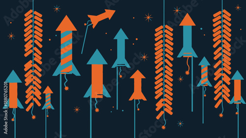 Vibrant fireworks and rockets launching upwards against a starry dark blue night sky, celebrating success and excitement.