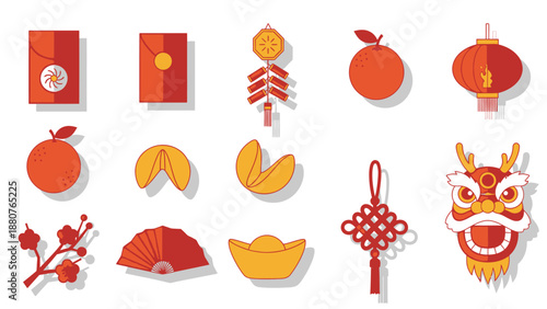 Collection of traditional Chinese New Year icons, including firecrackers, orange, lantern, fortune cookie, gold ingot, knot, and dragon head, on an isolated white background.