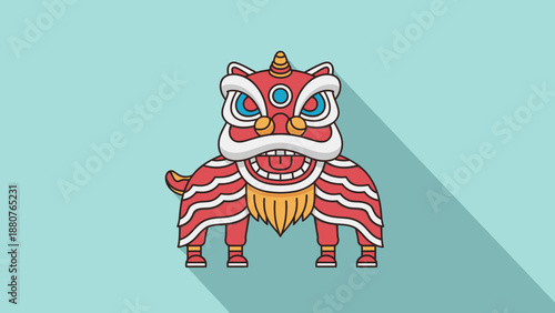 Traditional Chinese Lion Dance costume head with vibrant colors, symbolizing celebration and good fortune, on a light blue background.