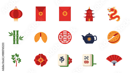 Collection of traditional Chinese New Year and culture icons, representing festive symbols, on an isolated white background.
