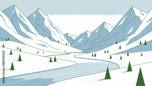 Serene winter mountain valley landscape with a winding frozen river and scattered pine trees, under a clear sky.