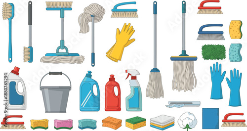 Home Cleaning Supplies Illustration Set Featuring Mops, Brushes, Sponges, Gloves, Buckets, Detergent Bottles, Spray Cleaners and Household Tools