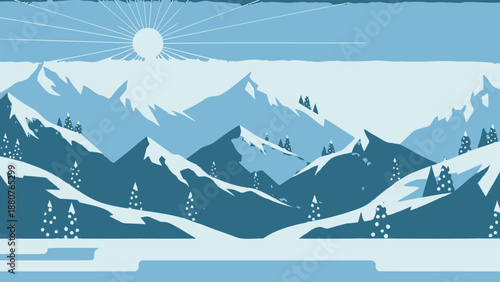 Majestic winter mountain landscape with a frozen river and scattered pine trees, under a bright sun and blue sky.