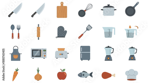 Kitchen Utensils and Appliances Icons Set.