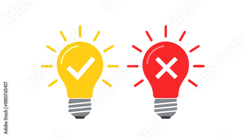 business decision making concept illustration with good idea lightbulb and bad idea lightbulb for strategy and solution analysis